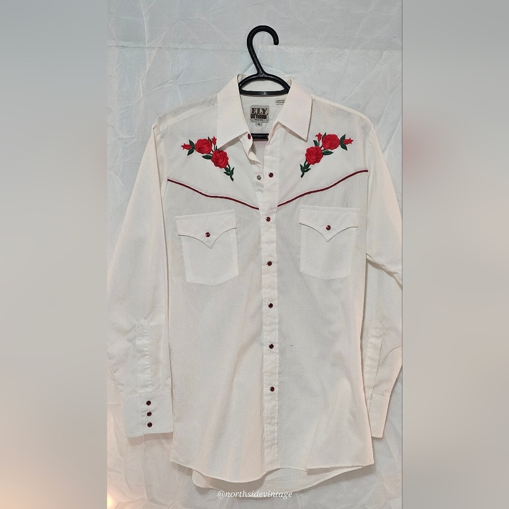 FLY CATTLEMAN VINTAGE White Western Shirt with Red Rose Embroidery
